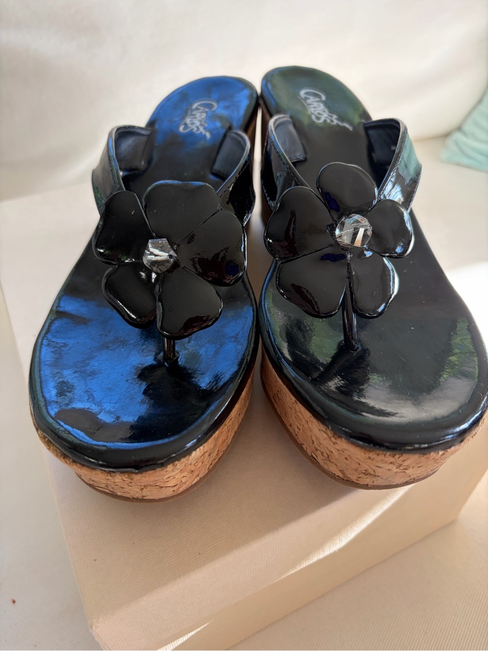 Carlos by Carlos Santana Black Patent Cork Wedge Flower Thong Sandals